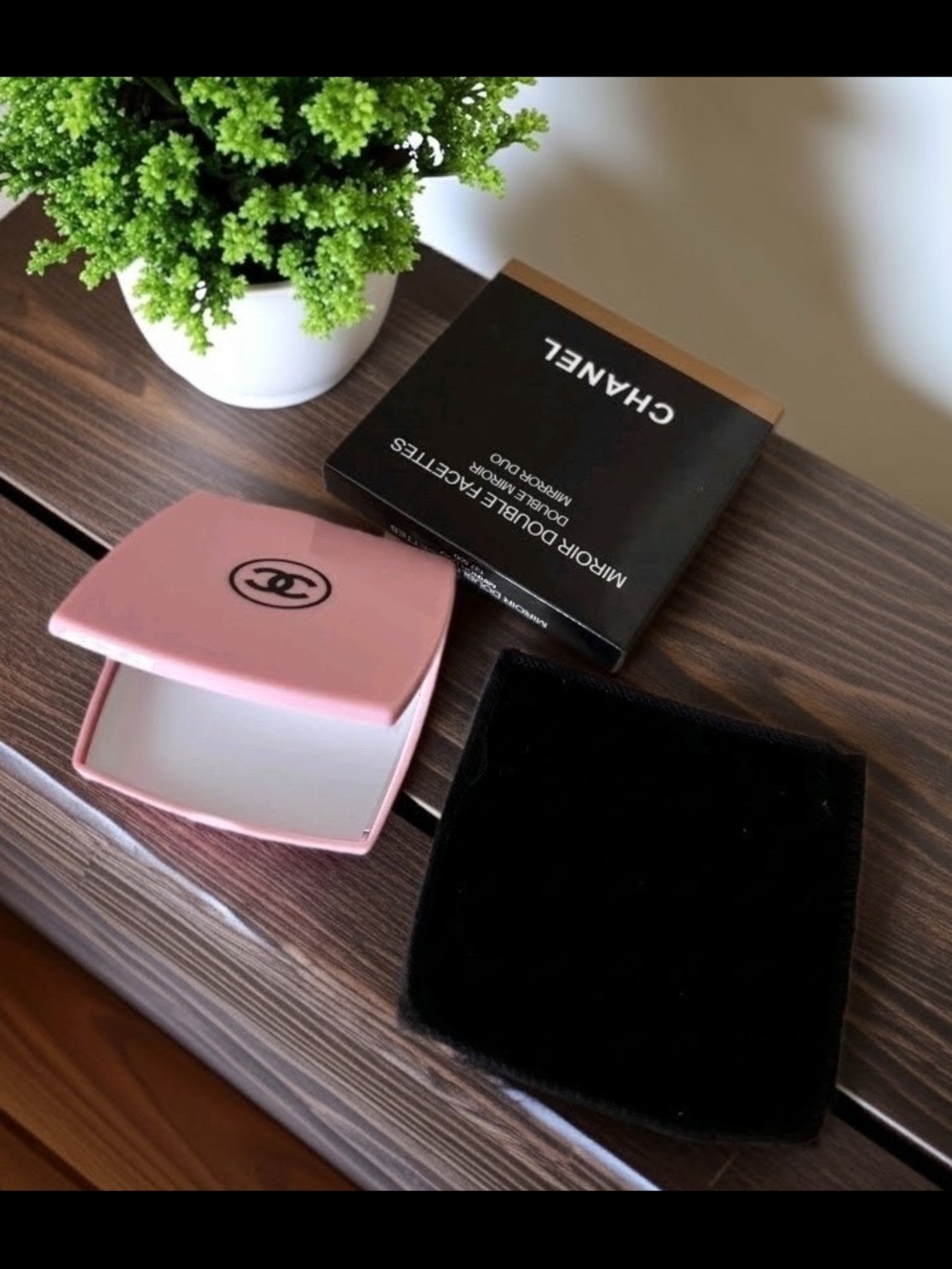 CHANEL Pink Compact Mirror with Black Velvet Pouch in Box - New